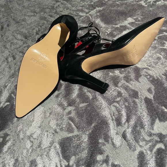 Coup D’état Black Leather Lace-Up Heels | Pointed Toe | Size 8 | Red Interior - Picture 4 of 5